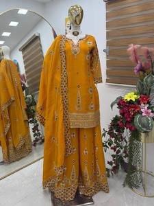 LANZAMIENTO NUEVO DISEÑADOR FESTIVE WEAR SHARARA PALAZZO TELA PURA SEDA CHINON CON LACE DE TRABAJO EN LA FRONTERA - Product Image 4
