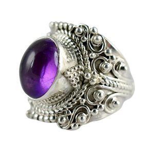 Bague de mariage artisanale en argent sterling 925 massif plaqué rhodium avec améthyste sertie clos pour femme, idéale pour les fêtes - Product Image 1