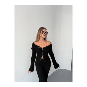 Women's Double Zip <b>T</b>-<b>Shirt</b> Sweater with <b>Madonna</b> Collar Black Color - Product Image 2