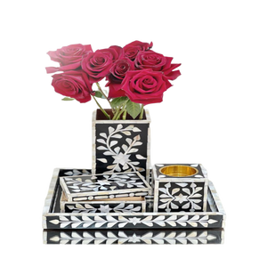 Juego de Quemadores de Incienso y Portavelas con Incrustaciones de Nácar y Hueso, con Bandeja, Fabricante y Exportador de Quemadores de Bakhoor Mabkhara - Product Image 1