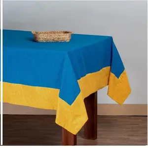 Mantel de borde azul y amarillo de lino y algodón, cubierta personalizada ajustada para exhibición y feria promocional, certificado GOTS