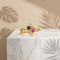Bague en or rose double cœur, style luxe léger, best-seller transfrontalier, pour la Saint-Valentin, avec pierre de naissance et lettres gravées, entièrement pavée
