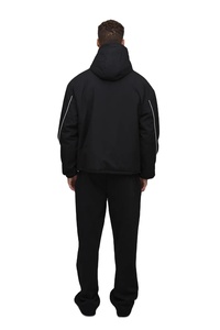 <b>Men's</b> Black Hooded <b>Puffer</b> <b>Jacket</b> With <b>White</b> Stitching Windproof Polyester Fleece Lining Winter Casual Outerwear - Product Image 3