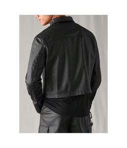 Veste en cuir noir à capuche pour homme, style streetwear, col montant, logo frontal, teinture unie, fermeture éclair, hiver, vente en gros, prix bas, usine - Product Image 5