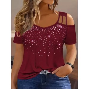 Blusa de Viscosa con Cuello en V y Hombros Descubiertos para Mujer, Marca Jane's, con Adornos de Piedras, Corte Regular Informal para Uso Diario - Product Image 1