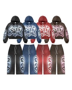 High Quality Streetwear Winter Customized Hooded Oversized Cotton Drawstring Tracksuit <b>Distressed</b> with Screen Printing - Product Image 1