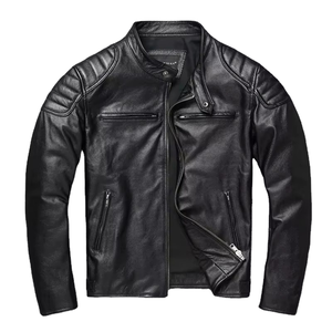 แจ็คเก็ตหนังวัวคุณภาพสูงสำหรับผู้ชาย สไตล์ไบค์เกอร์ สำหรับฤดูใบไม้ร่วงและฤดูหนาว ซิปหน้าแบบตั้ง ผลิตจากโรงงาน MOQ ต่ำ หนังจระเข้สำหรับขี่มอเตอร์ไซค์ - Product Image 1
