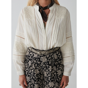 Chemisier Bohème Angela Meringue pour Crème, 2 broderies florales, Popeline Lin Viscose, Taille XL, Coupe longue et ample, Idéal Printemps - Product Image 1