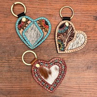 Porte-clés en cuir véritable avec inscription personnalisée, en cuir de vache à poils, avec motif de tournesol, porte-clés en cuir occidental, porte-clés en cuir sculpté
