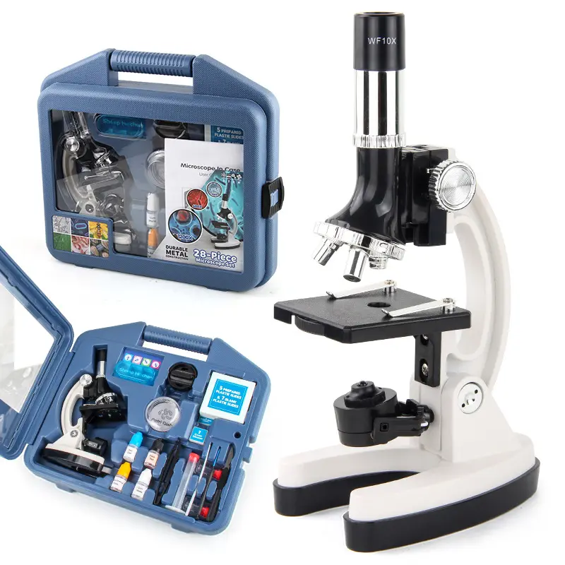 1200X 28-Potongan Siswa Pemula Mikroskop Batang Kit Logam Tubuh Mainan Mikroskop Slide, Lampu LED dan Kotak Ilmu E
