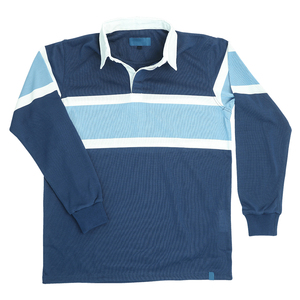 Polo en tricot à manches longues bleu marine pour homme avec motif rayé bleu clair et blanc, coupe décontractée et sportive - Product Image 2