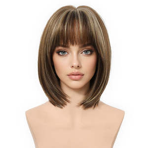 Jean Plus -DWY Glueless Synthetic <b>Wig</b> Gen 2 Large Realistic Scalp <b>Short</b> Straight Brown with Blonde Highlights Bangs - Product Image 6
