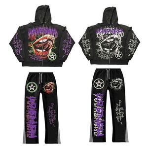 Conjunto de pantalones de chándal con capucha de alta calidad OEM, chándal vintage con cremallera y pantalón acampanado lavado ácido para hombre, sudor personalizado para invierno - Product Image 1