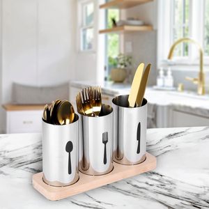 Organizador de cubiertos y cubiertos de metal de alta calidad más vendido, soporte para cubiertos con base de madera - Product Image 3