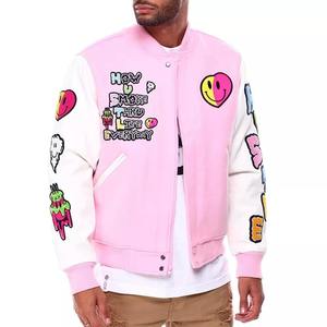 Chaqueta de Moda Personalizada, Estilo Casual de Béisbol, Chaqueta de Hombre con Parches de Poliéster, Chaquetas Vintage de Cuero Sintético con Mangas de Cuero, Chaquetas Universitarias - Product Image 1