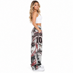 Pantalones Anchos con Estampado Personalizado, Cintura Elástica Acanalada, Estilo Denim Desgarrado, Ropa Casual Urbana para Mujer - Product Image 3