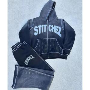 Trendy <b>Y2K</b> Acid Wash Tracksuit Cotton <b>Streetwear</b> Hoodie Flare Sweatpants Set with Zip Rhinestone Print Customizable Short Tops - Product Image 3