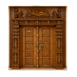 Puerta de madera tallada a mano de primera calidad Lakshmi Narayana, estilo antiguo, puerta de templo de madera maciza para hogares, estilo del sur de la India, EE. UU. - Product Image 1