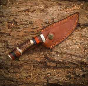 มีดล่าสัตว์เหล็กดามัสกัสขายส่ง มีดใบตายสำหรับตั้งแคมป์และทำกิจกรรมกลางแจ้ง พร้อมปลอกหนังอย่างดี มีดเหล็กสั่งทำพิเศษ - Product Image 4