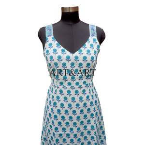 Robe décontractée pour femme en coton pur imprimé à la main en Inde, sans manches, longueur genou, technique d'impression numérique écologique - Product Image 5