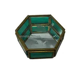Metal and Glass Etched Bird Leaves Green Glass jewellery box and high quality display box for decoration completely customizable