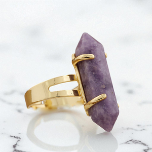 Anillos de piedras preciosas de jaspe púrpura curativo de doble punta-Anillo de mujer chapado en oro de piedra larga-Anillo de cristal de plata 925 Joyería - Product Image 1