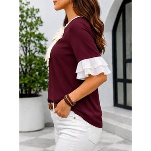 Blusa de Chifón Crepé con Mangas Cortas, Cuello Redondo, Detalle de Lazo y Volantes en las Mangas para Mujer, 34790 - Borgoña - Product Image 3
