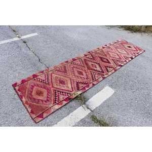 Turkish Vintage Rug, 2.6x10 ft <b>Runner</b> Rug, <b>Red</b> Pink Check Rug - Product Image 4