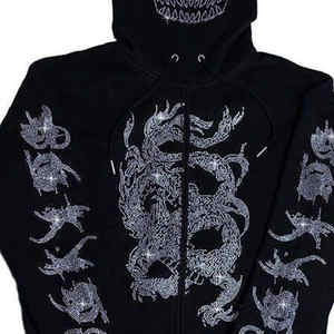 Ropa de calle Vintage estampado desgastado lavado ácido Rhinestone Color Sudadera con capucha cremallera Sudadera con capucha algodón personalizado Sudadera con capucha OEM - Product Image 2