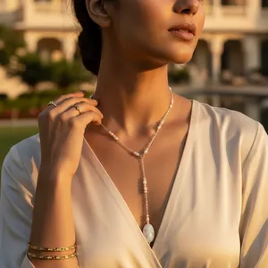 Collier Lariat géométrique en fausse perle argentée de qualité AA, pendentif goutte d'eau, bijoux classiques pour femmes, à porter au quotidien - Product Image 3