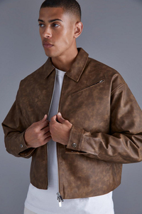 Veste d'hiver pour homme en cuir de mouton toile premium, coupe courte, col montant, fermeture éclair double curseur, épaules tombantes, modèle Plus - Product Image 3