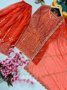 Tenue de soirée de créateur pakistanaise orange traditionnelle pour femme Salwar Kameez avec haut de costume ethnique indien Dupatta Sharara-Palazzo - Product Image 4