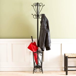 Perchero de un solo nivel de metal con acabado negro de 69 "de alto, respetuoso con el medio ambiente, tipo suelo, con soporte para paraguas, elegante soporte de almacenamiento y estante - Product Image 2