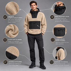 Chaqueta Anorak Personalizada para Hombre, 100% Algodón, Forro Polar Sherpa, Transpirable, Ecológica, con Media Cremallera, Bloques de Color, Bolsillo Canguro, Cálida para Invierno - Product Image 5