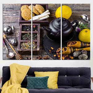Tableau mural imprimé sur toile : Décoration de cuisine avec citron et théière, lot de 3 toiles - Product Image 1