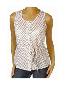 Top en popeline blanche à col rond imprimé à pois sans manches sur le devant avec ouverture à boutons Ceinture séparée-Style ajusté tissé - Product Image 1