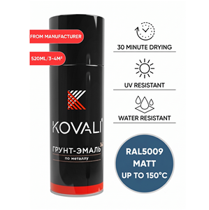 KOVALI 3 en 1 Aerosol en Spray, Imprimación, Esmalte, Protección Anticorrosión para Metal, Madera y Hormigón, Azul Mate Azure RAL 5009, 520ml - Product Image 1
