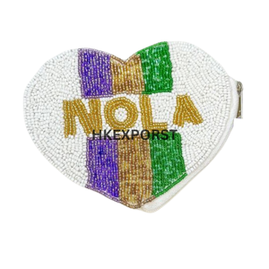 Porte-monnaie perlé NOLA Mardi Gras fait à la main accessoire de fête violet, vert et or - Product Image 1
