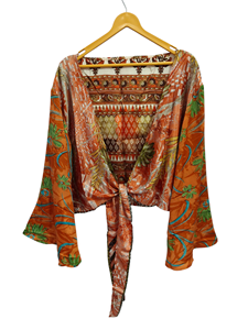 Top de seda para mujer, ropa de casa suave multicolor, blusa de seda multicolor, Top corto envolvente, camisa de tamaño libre - Product Image 2