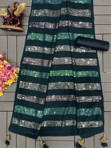 Último indio tradicional exclusivo pesado Georgette bordado impreso Sari Zari secuencia trabajo Sari elegante nupcial boda desgaste - Product Image 2