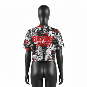 Camiseta corta de poliéster y spandex de alta calidad para mujer, en negro, rojo y blanco, estilo urbano, con logo sublimado, camiseta corta de algodón para mujer - Product Image 3