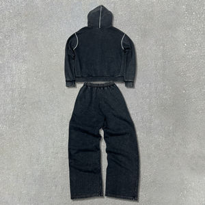 Chándal desgastado con cremallera lavada ácida y bordado personalizado para hombre, Sudadera con capucha de algodón de rizo francés de 500 Gsm, pantalones de chándal acampanados, Invierno sólido - Product Image 4