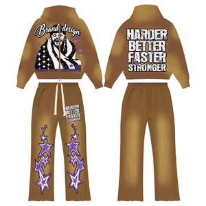 Sun-Faded Acid Wash Tracksuit Men DTG Print Oversized Boxy Distressed Graphic Brushback Hoodie and Sweatpants Jogger - Product Image 3