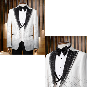 Traje de esmoquin blanco para hombre, 80% lana, corte ajustado, elegante, para bodas, con cierre de botón en el pantalón, detalles de pedrería, para eventos formales y fiestas. - Product Image 5