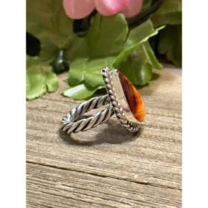 Bague artisanale Navajo en argent sterling et coquille d'huître barbelée, pierre précieuse turquoise taille ovale, taille 6.25 - Product Image 4