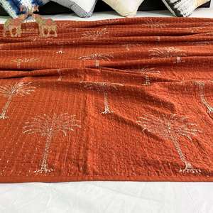 Couvre-lit en coton imprimé à la main élégant, motif palmier, Kantha, pour toutes les saisons, pour un usage domestique - Product Image 3