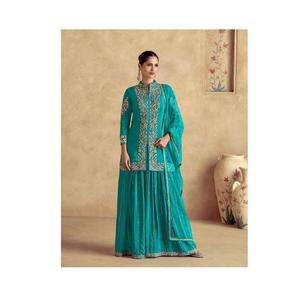 Conjunto de traje Palazzo de seda Chinon de secuencia de estera de 3mm bordado con estampado Digital de la colección paquistaní india, ropa de diseñador elegante - Product Image 1