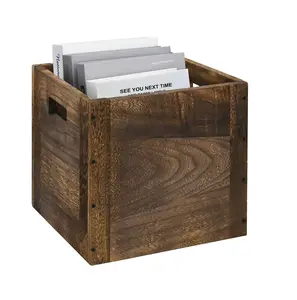 Kotak kubus penyimpanan dekoratif kayu dengan pegangan, keranjang penyimpanan besar coklat pedesaan untuk rak, wadah kubus dapat ditumpuk