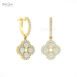 La mayoría de los artículos de venta 4mm Ópalo de fuego Pendiente de cuatro hojas 14K Oro real Diamante Halo Trébol Pendientes para mujeres Fabricantes de joyería - Product Image 4
