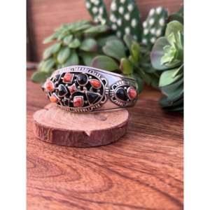 Vintage Navajo Sterling <b>Silver</b> <b>Cuff</b> <b>Bracelet</b> with Multi-Color Stones Fashion Accessory - Product Image 5